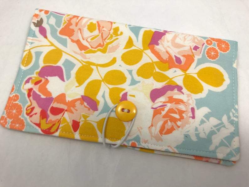 Blue Checkbook Cover, Duplicate Checks, Pen Holder, Purse Organizer, Blossoms - EcoHip Custom Designs