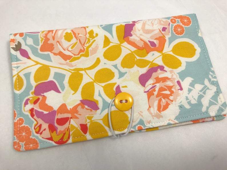 Blue Checkbook Cover, Duplicate Checks, Pen Holder, Purse Organizer, Blossoms - EcoHip Custom Designs