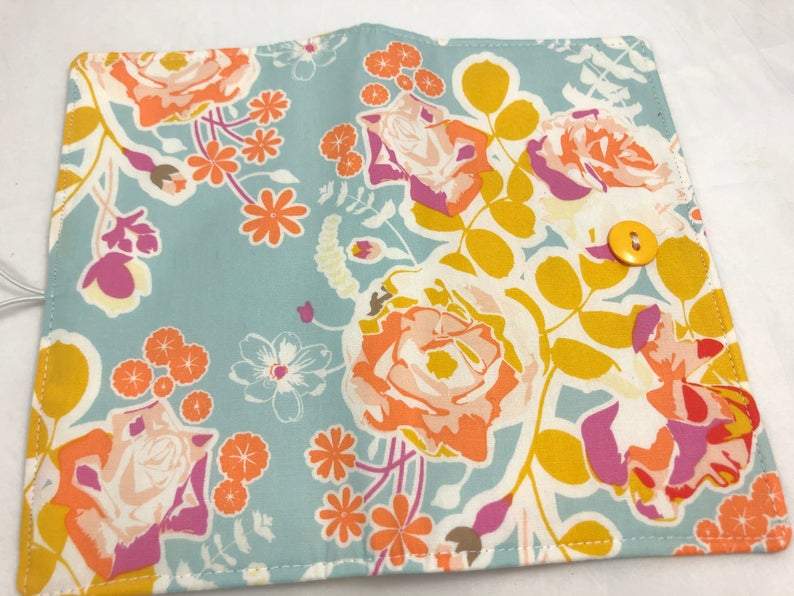 Blue Checkbook Cover, Duplicate Checks, Pen Holder, Purse Organizer, Blossoms - EcoHip Custom Designs