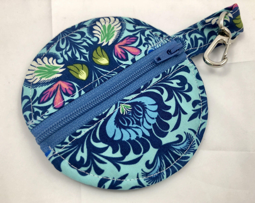 Blue Earbud Case, Ear Bud Pouch, Bluetooth Holder, Tiny Zipper Case, Chapstick, Damask - EcoHip Custom Designs