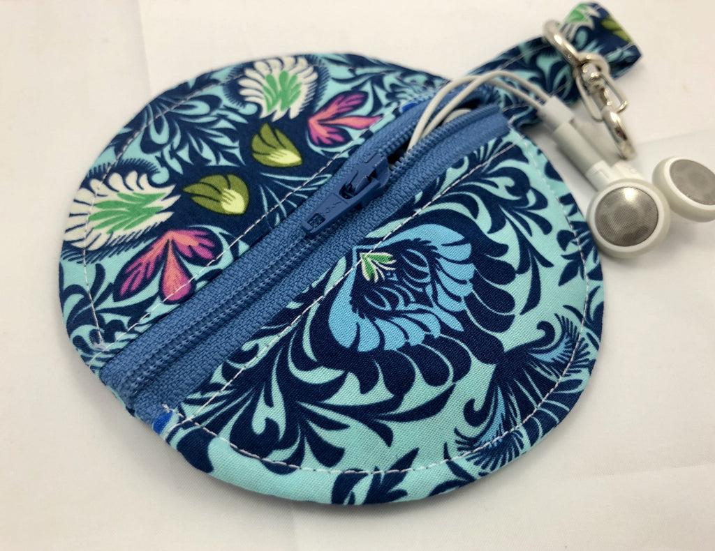 Blue Earbud Case, Ear Bud Pouch, Bluetooth Holder, Tiny Zipper Case, Chapstick, Damask - EcoHip Custom Designs