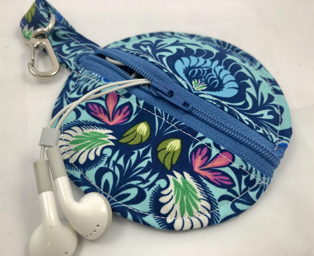 Blue Earbud Case, Ear Bud Pouch, Bluetooth Holder, Tiny Zipper Case, Chapstick, Damask - EcoHip Custom Designs