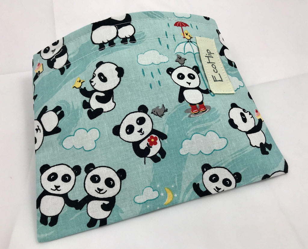 Blue Reusable Kid's Snack Bag, School Lunch Baggie, Panda Bears - EcoHip Custom Designs