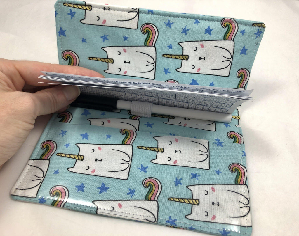 Checkbook Cover, Duplicate Check Book Register, Pen Holder, Unicorn, Cat - EcoHip Custom Designs