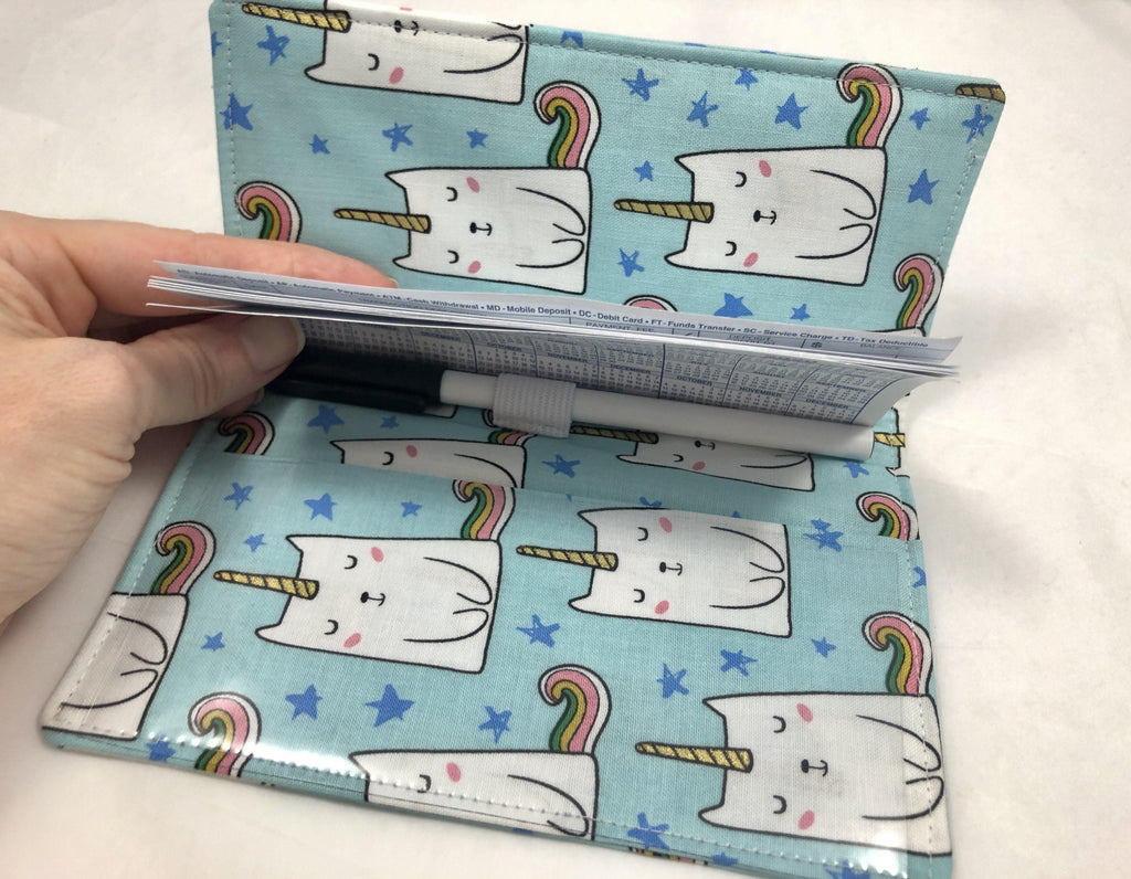 Checkbook Cover, Duplicate Check Book Register, Pen Holder, Unicorn, Cat - EcoHip Custom Designs