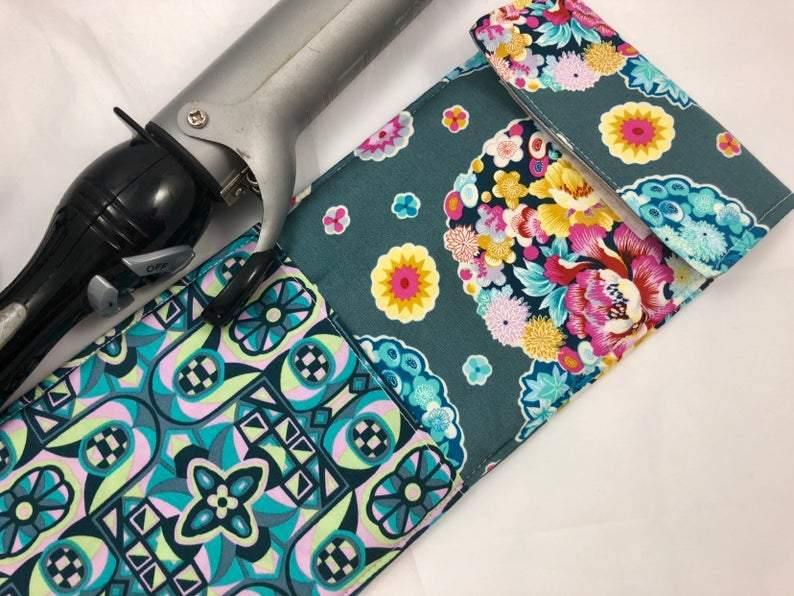 Curling Iron Case, Travel Flat Iron Holder, Bridesmaid Gift, Gray Blossoms - EcoHip Custom Designs