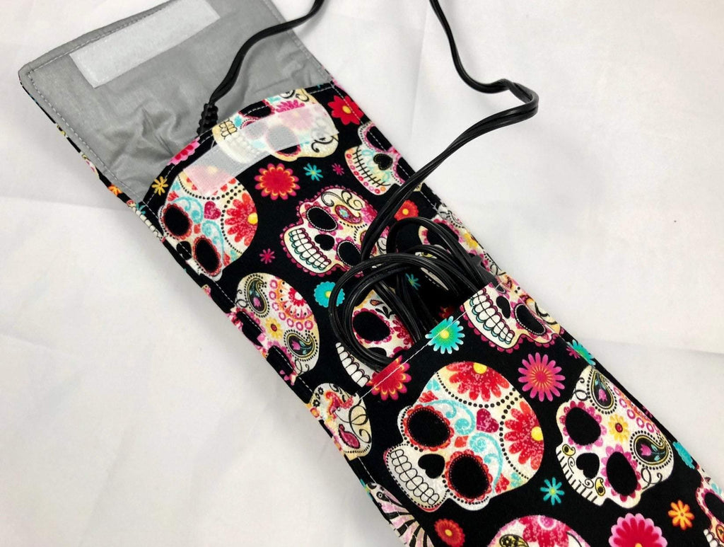 Curling Iron Holder, Flat Iron Bag, Travel Bag, Iron Cover, Sugar Skulls - EcoHip Custom Designs