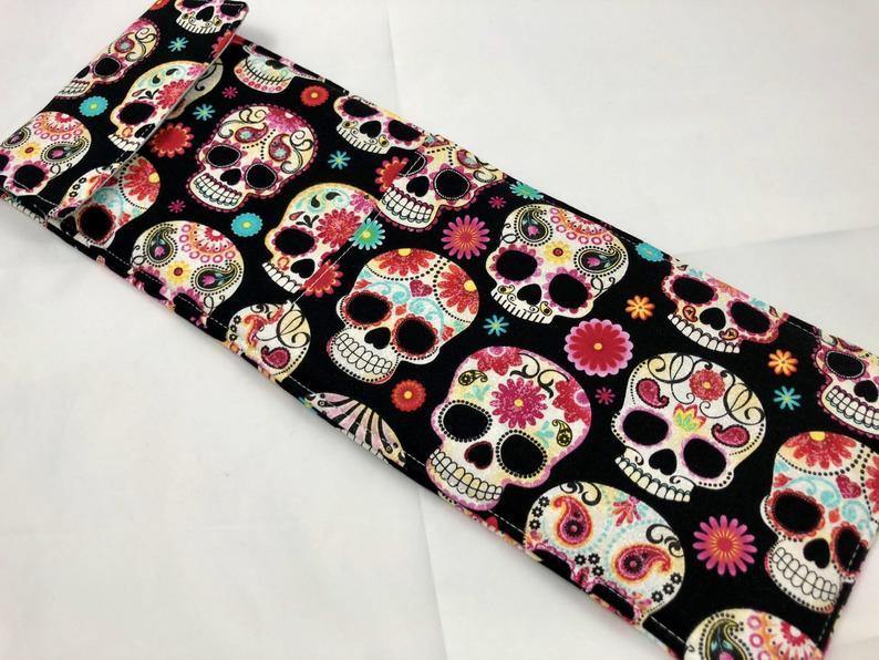 Curling Iron Holder, Flat Iron Bag, Travel Bag, Iron Cover, Sugar Skulls - EcoHip Custom Designs