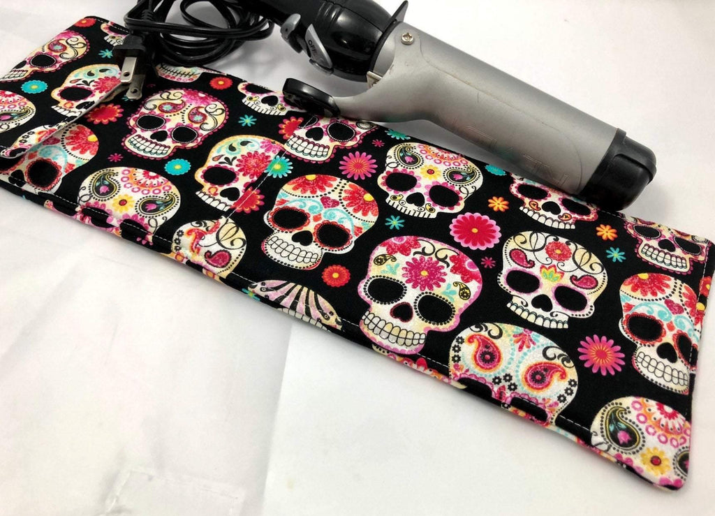 Curling Iron Holder, Flat Iron Bag, Travel Bag, Iron Cover, Sugar Skulls - EcoHip Custom Designs