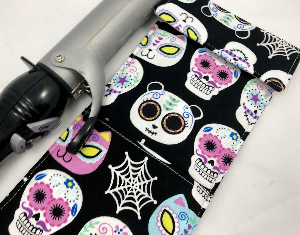 Curling Iron Holder, Flat Iron Case, Travel Heat Resistant Bag, Hair Dressers Gift, Day of the Dead - EcoHip Custom Designs