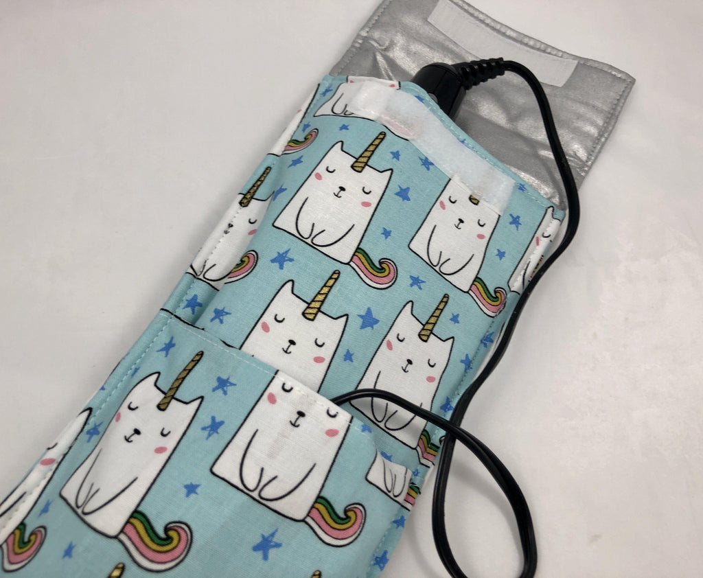 Curling Iron Holder, Flat Iron Case, Travel Sleeve, Iron Cover, Caticorn, Blue - EcoHip Custom Designs