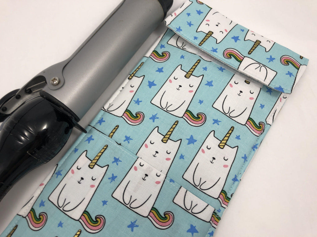 Curling Iron Holder, Flat Iron Case, Travel Sleeve, Iron Cover, Caticorn, Blue - EcoHip Custom Designs