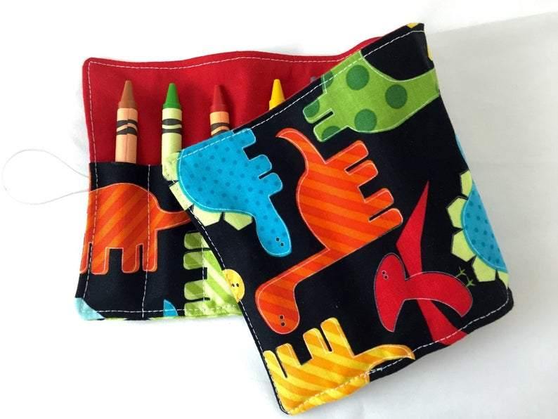 Dinosaur Crayon Roll, Toddler Travel Toy, Boy's Crayon Case, Crayon Wallet - EcoHip Custom Designs