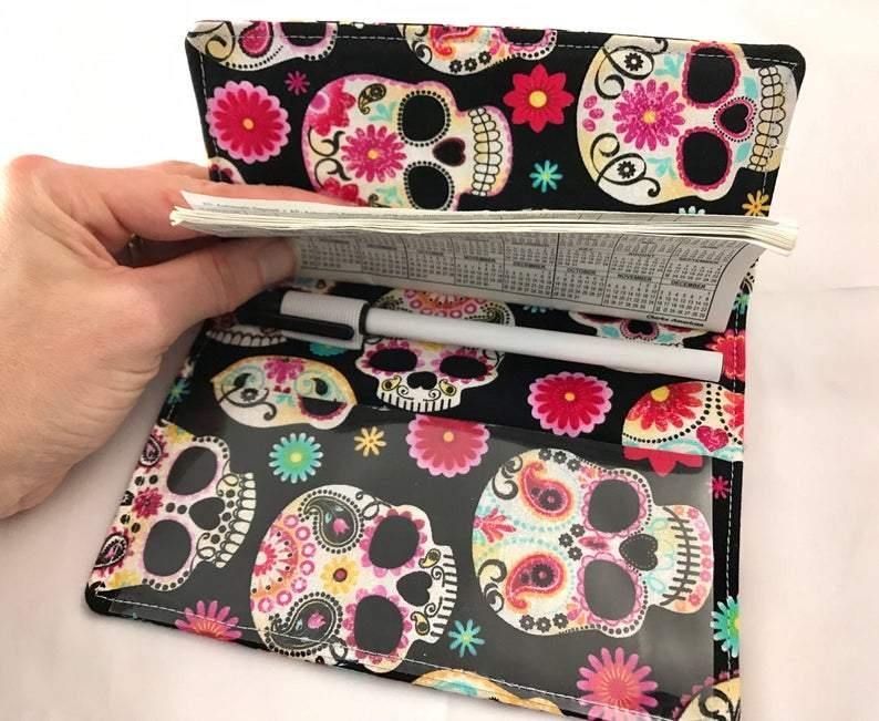 Duplicate Checkbook Cover, Sugar Skull Check Book Register, Pen Holder, Day of the Dead - EcoHip Custom Designs