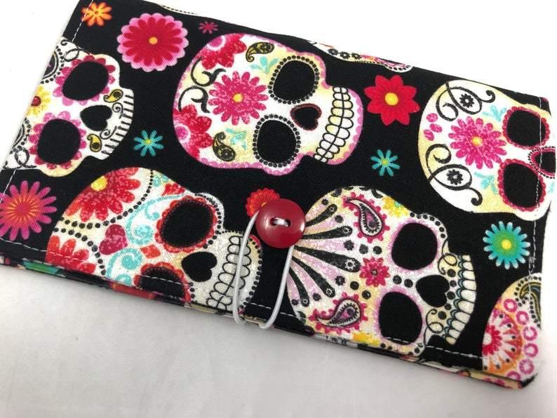 Duplicate Checkbook Cover, Sugar Skull Check Book Register, Pen Holder, Day of the Dead - EcoHip Custom Designs