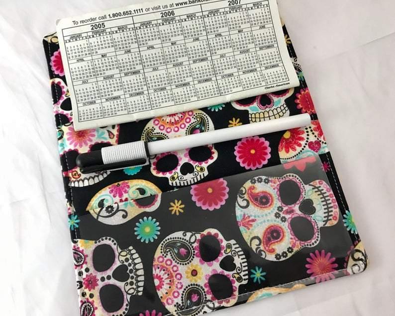 Duplicate Checkbook Cover, Sugar Skull Check Book Register, Pen Holder, Day of the Dead - EcoHip Custom Designs