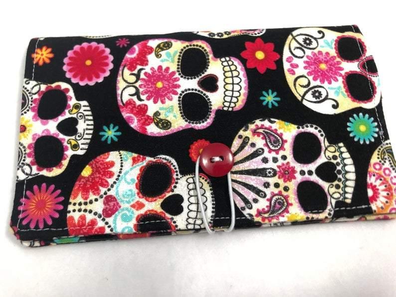 Duplicate Checkbook Cover, Sugar Skull Check Book Register, Pen Holder, Day of the Dead - EcoHip Custom Designs