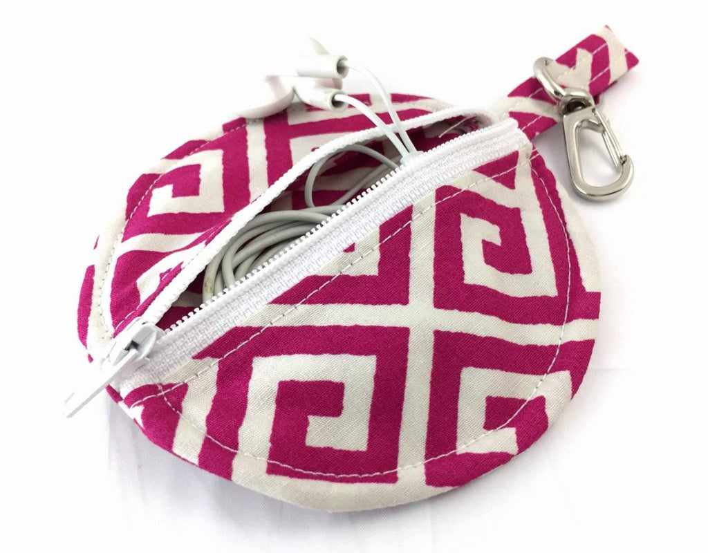 Earbud Case, Air Pod Pouch, Lens Cap Holder, Handmade Pouch, Geometric, Cream, Red - EcoHip Custom Designs