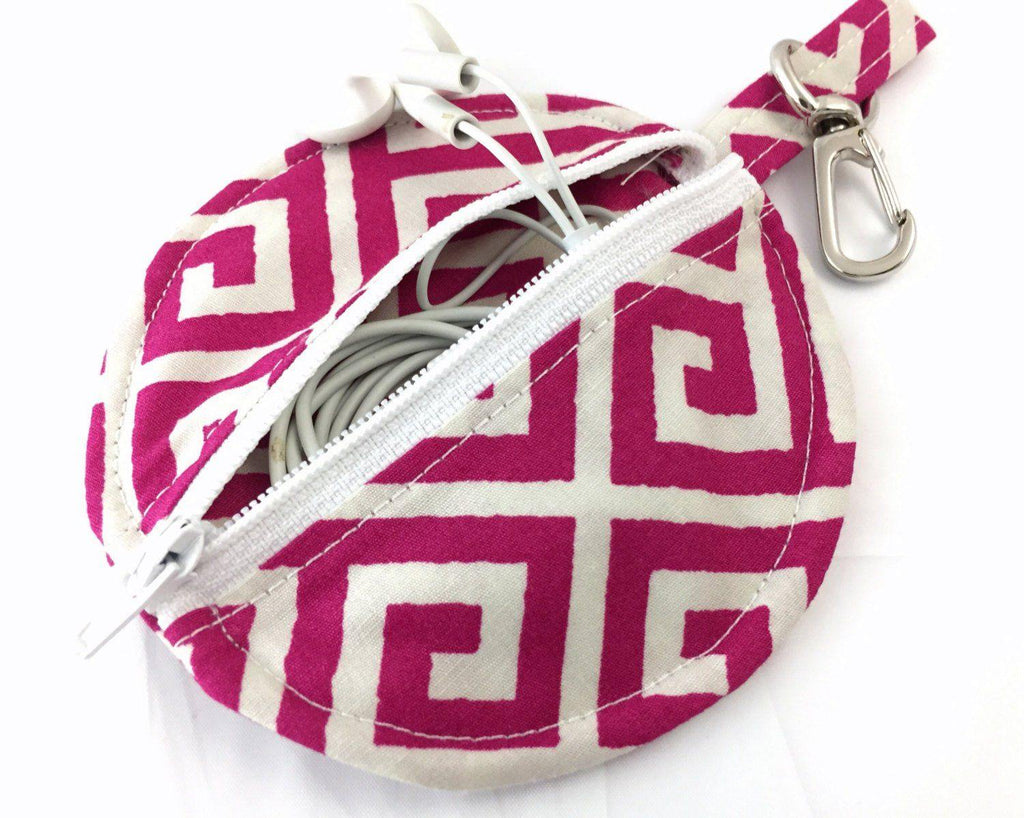 Earbud Case, Air Pod Pouch, Lens Cap Holder, Handmade Pouch, Geometric, Cream, Red - EcoHip Custom Designs