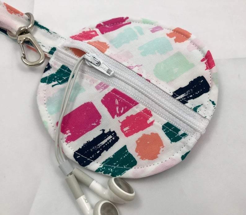 Fabric Earpod Case, Ear Bud Pouch, Lens Cap Bag, Lip Balm Cozy, Pink, Mod - EcoHip Custom Designs