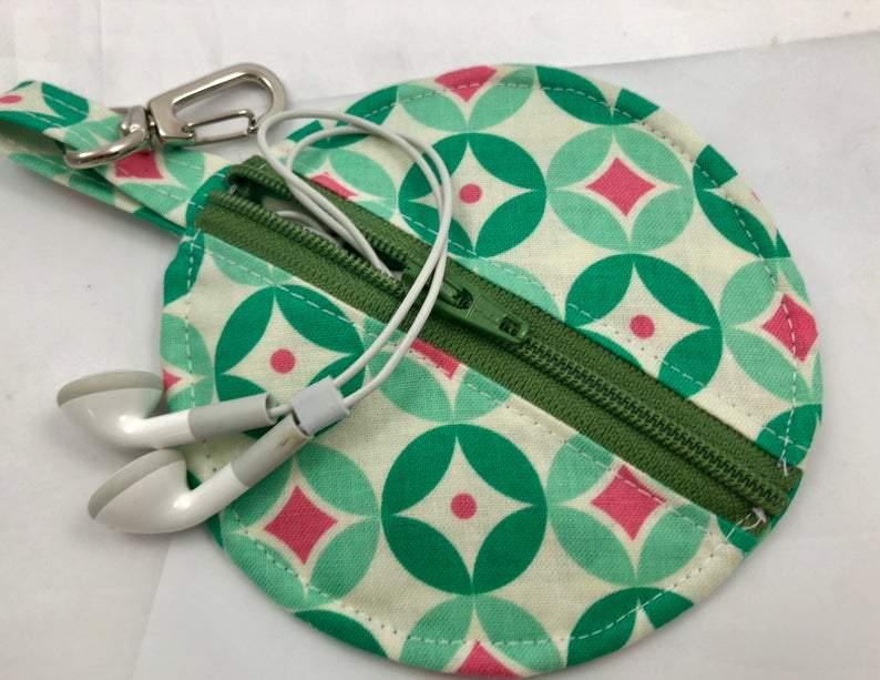 Green Earpod Case, Ear Pod Pouch, Lens Cap Holder, Tiny Zipper Pouch - EcoHip Custom Designs