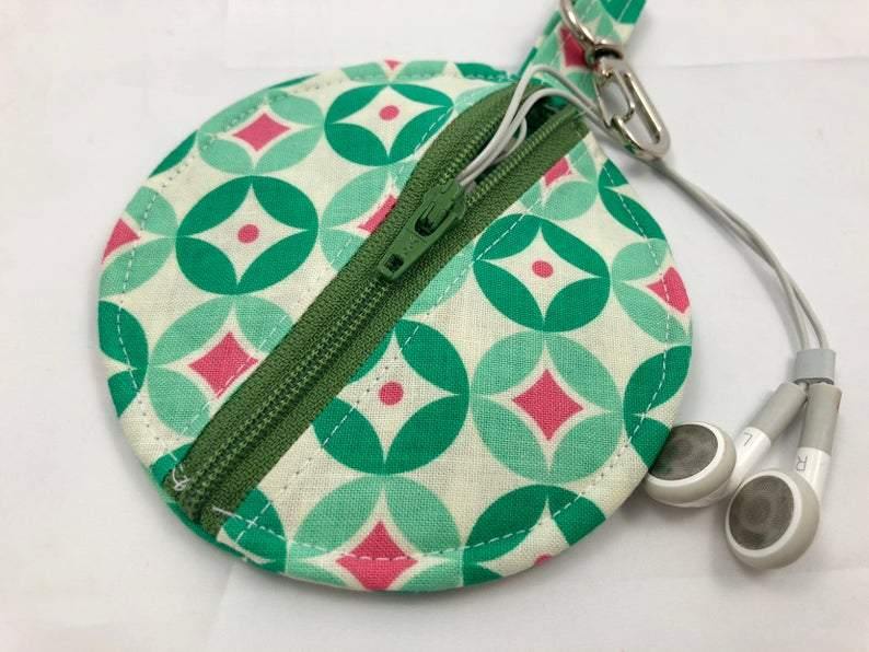 Green Earpod Case, Ear Pod Pouch, Lens Cap Holder, Tiny Zipper Pouch - EcoHip Custom Designs