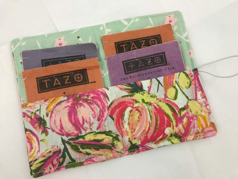 Pink Floral, Tea Bag Wallet, Travel Tea for Purse, Gift Card Case, Green - EcoHip Custom Designs