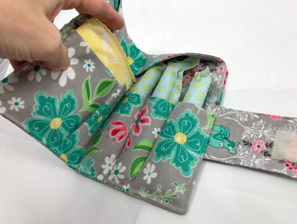 Gray Floral Tampon Wallet, Feminine Products Bag, Deer, Sanitary Pad Case - EcoHip Custom Designs