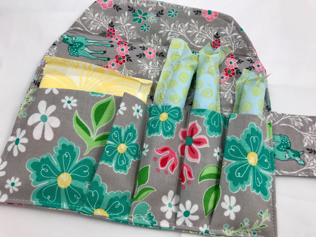 Gray Floral Tampon Wallet, Feminine Products Bag, Deer, Sanitary Pad Case - EcoHip Custom Designs