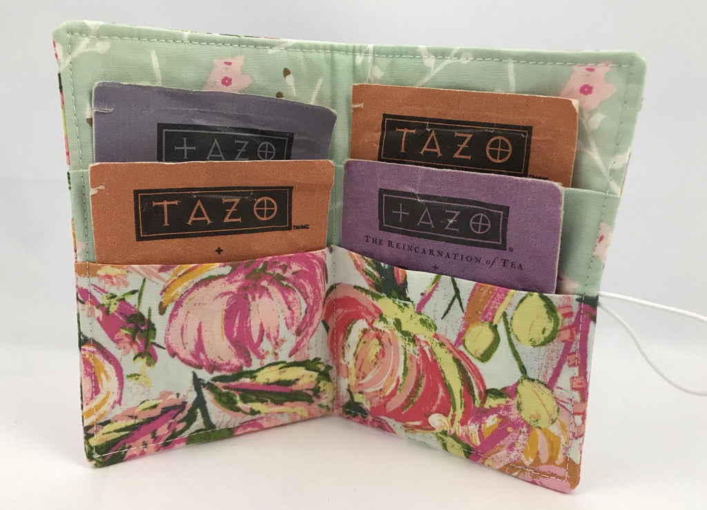 Pink Floral, Tea Bag Wallet, Travel Tea for Purse, Gift Card Case, Green - EcoHip Custom Designs