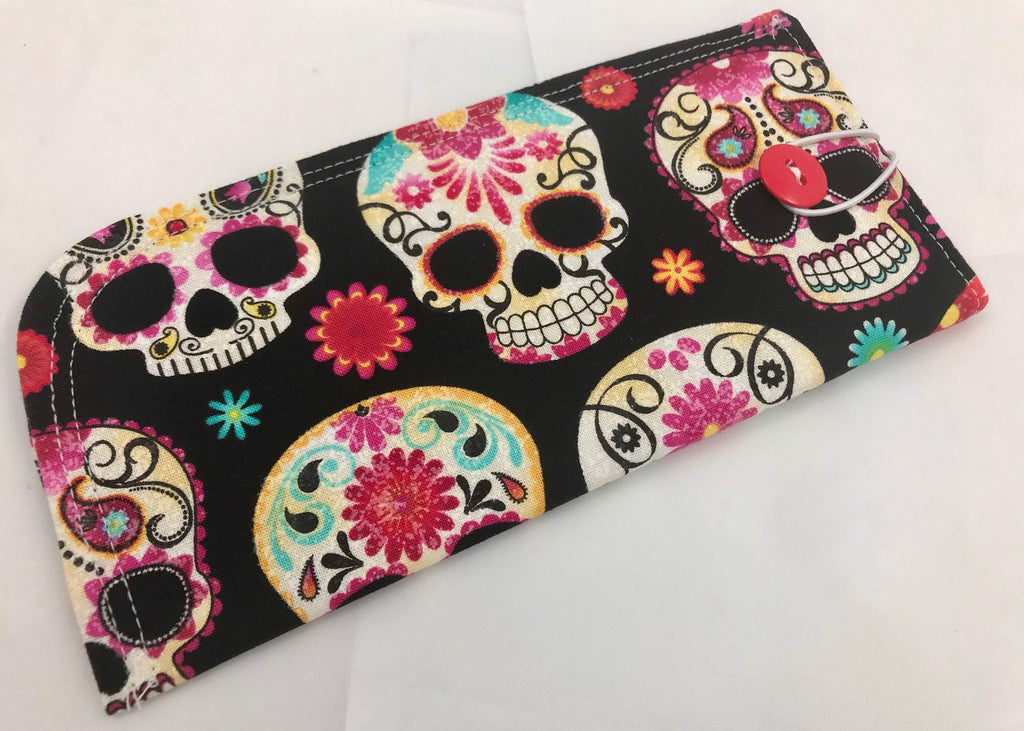 Fabric Eyeglass Case, Soft Sunglass Case, Eye Glasses Sleeve, Eyeglass Pouch -  Sugar Skulls Black