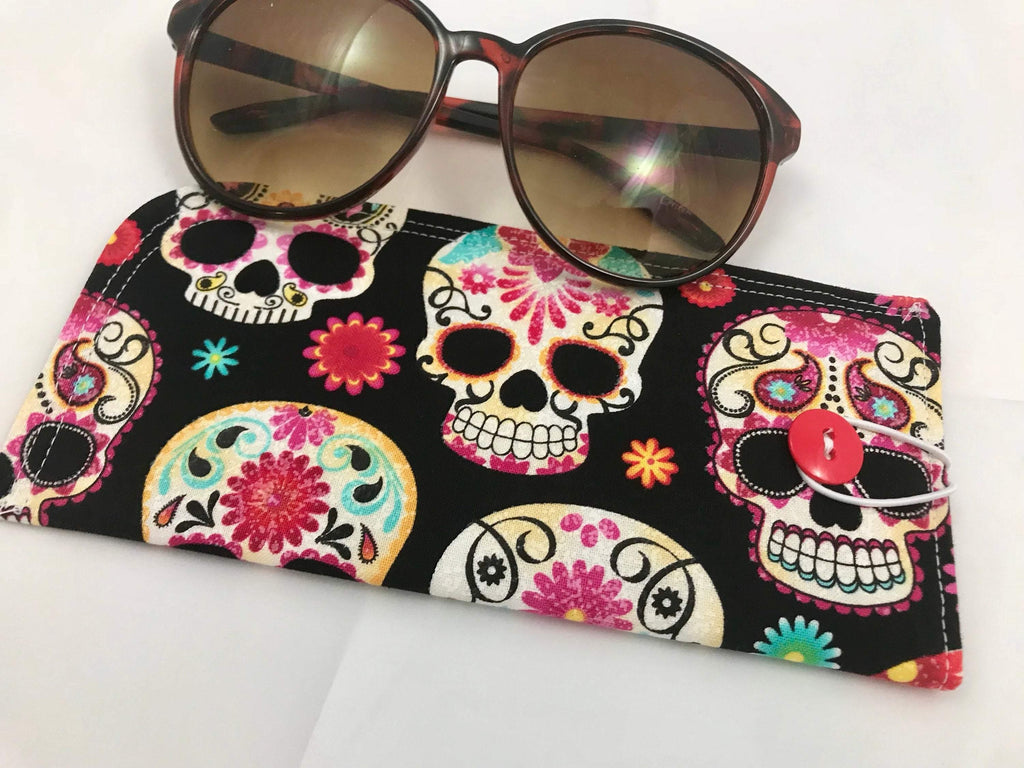 Fabric Eyeglass Case, Soft Sunglass Case, Eye Glasses Sleeve, Eyeglass Pouch -  Sugar Skulls Black