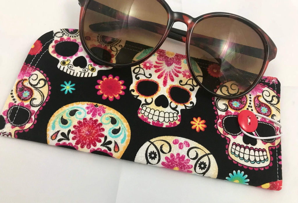 Fabric Eyeglass Case, Soft Sunglass Case, Eye Glasses Sleeve, Eyeglass Pouch -  Sugar Skulls Black