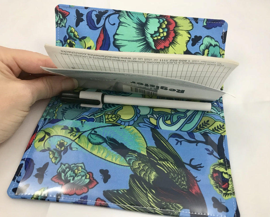 Blue Checkbook Cover, Floral Duplicate Check Book Register, Pen Holder, Top-Tear - EcoHip Custom Designs