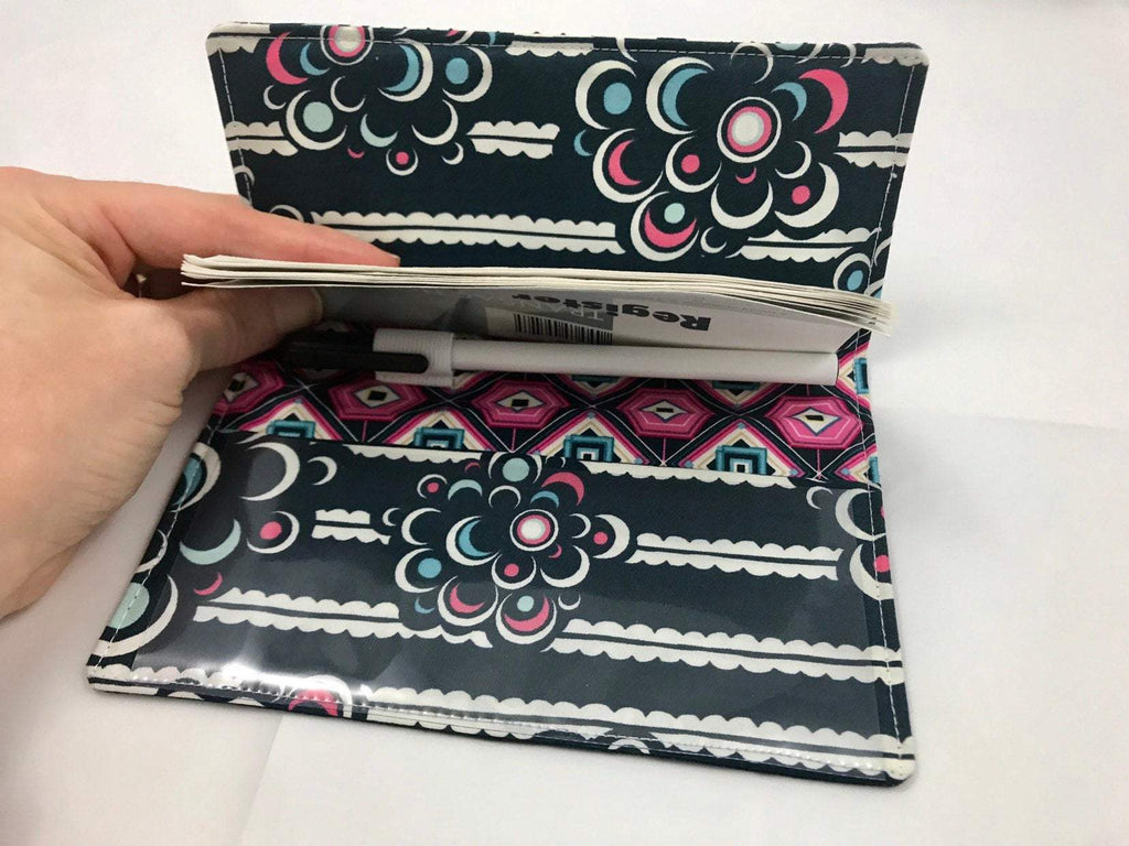 Striped Duplicate Checkbook Cover, Pink Check Book Wallet, Pen Holder, Black and White - EcoHip Custom Designs