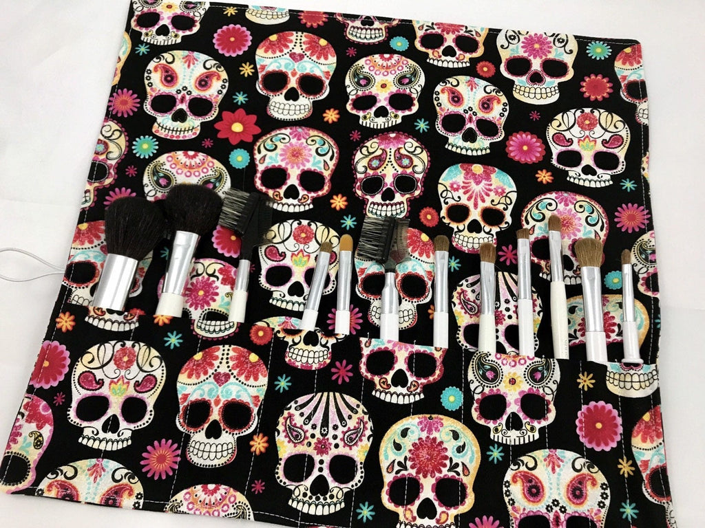 Sugar Skull Makeup Brush Roll, Black Cosmetic Brush Holder, Travel Paint Brush Case - EcoHip Custom Designs