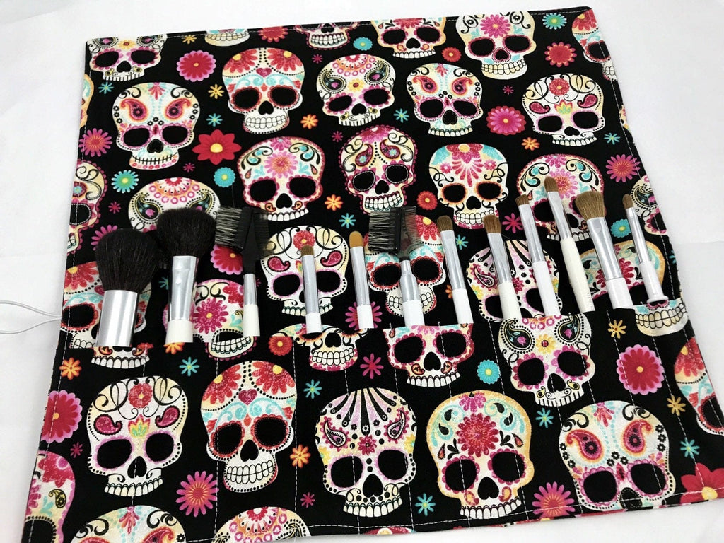 Sugar Skull Makeup Brush Roll, Black Cosmetic Brush Holder, Travel Paint Brush Case - EcoHip Custom Designs