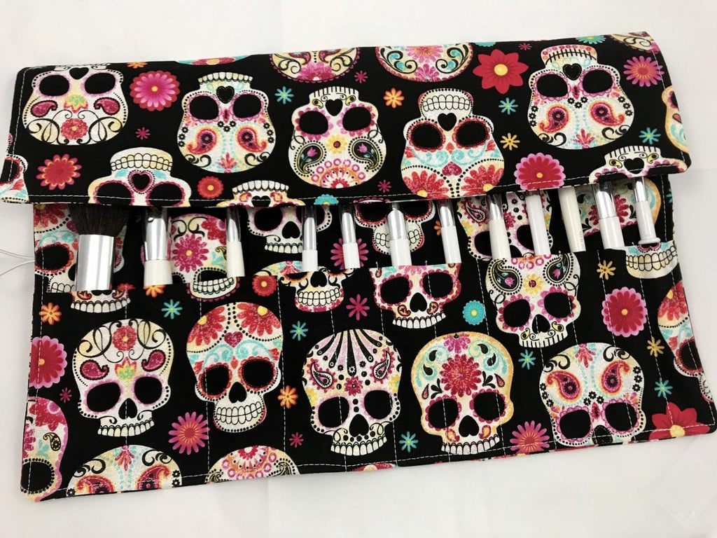 Sugar Skull Makeup Brush Roll, Black Cosmetic Brush Holder, Travel Paint Brush Case - EcoHip Custom Designs