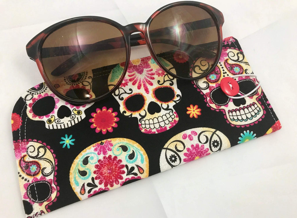 Fabric Eyeglass Case, Soft Sunglass Case, Eye Glasses Sleeve, Eyeglass Pouch -  Sugar Skulls Black