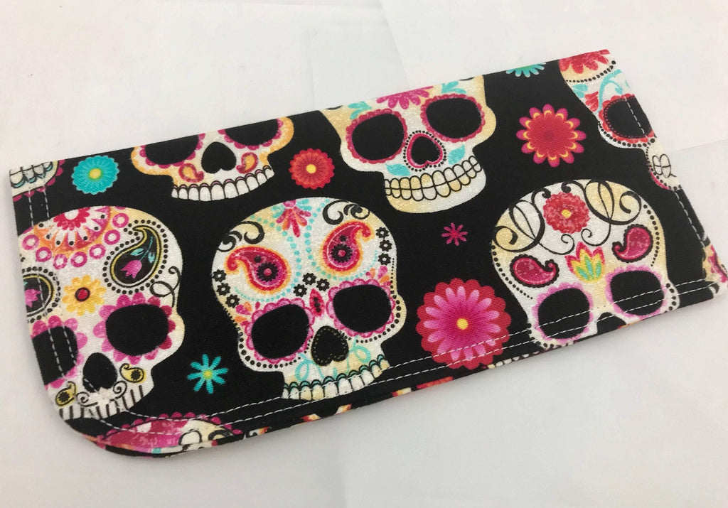 Fabric Eyeglass Case, Soft Sunglass Case, Eye Glasses Sleeve, Eyeglass Pouch -  Sugar Skulls Black