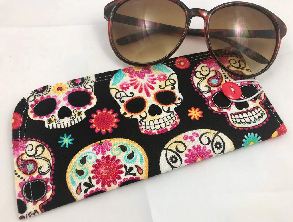 Fabric Eyeglass Case, Soft Sunglass Case, Eye Glasses Sleeve, Eyeglass Pouch -  Sugar Skulls Black