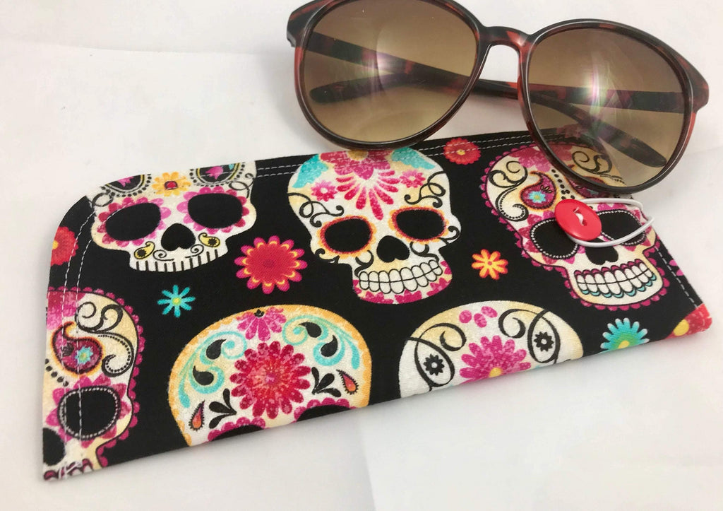 Fabric Eyeglass Case, Soft Sunglass Case, Eye Glasses Sleeve, Eyeglass Pouch -  Sugar Skulls Black