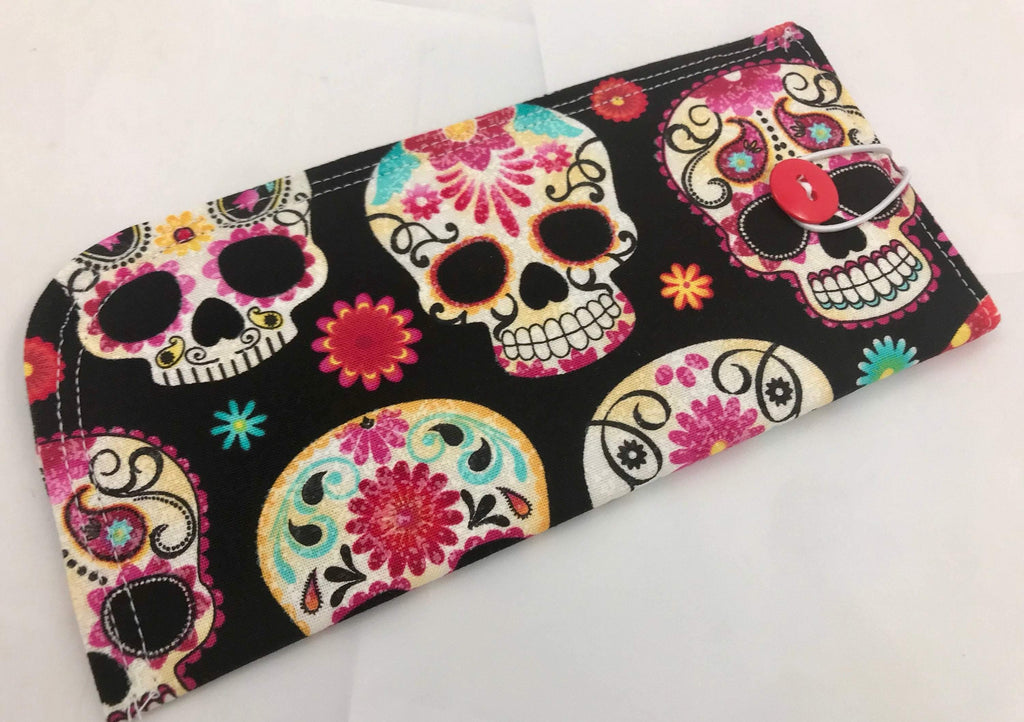 Fabric Eyeglass Case, Soft Sunglass Case, Eye Glasses Sleeve, Eyeglass Pouch -  Sugar Skulls Black