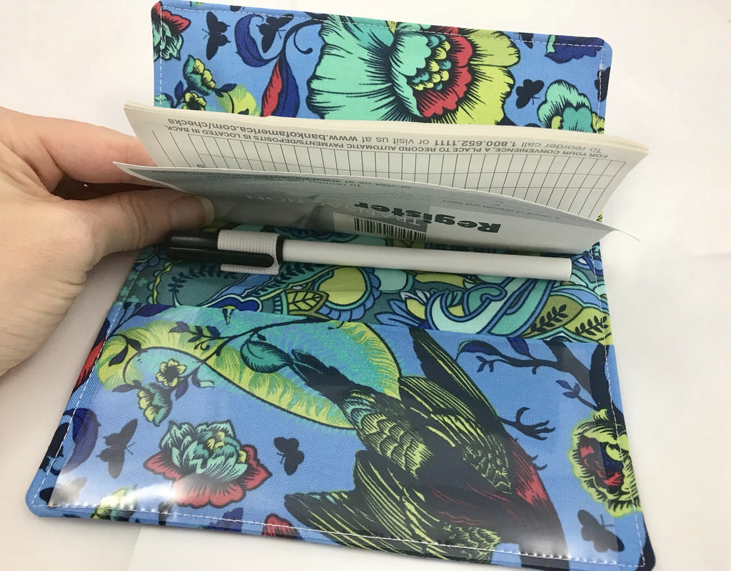 Blue Checkbook Cover, Floral Duplicate Check Book Register, Pen Holder, Top-Tear - EcoHip Custom Designs