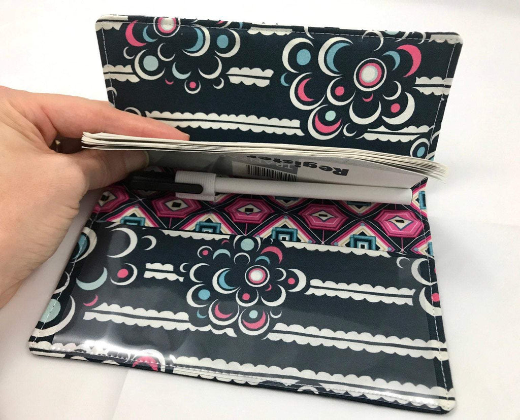 Striped Duplicate Checkbook Cover, Pink Check Book Wallet, Pen Holder, Black and White - EcoHip Custom Designs