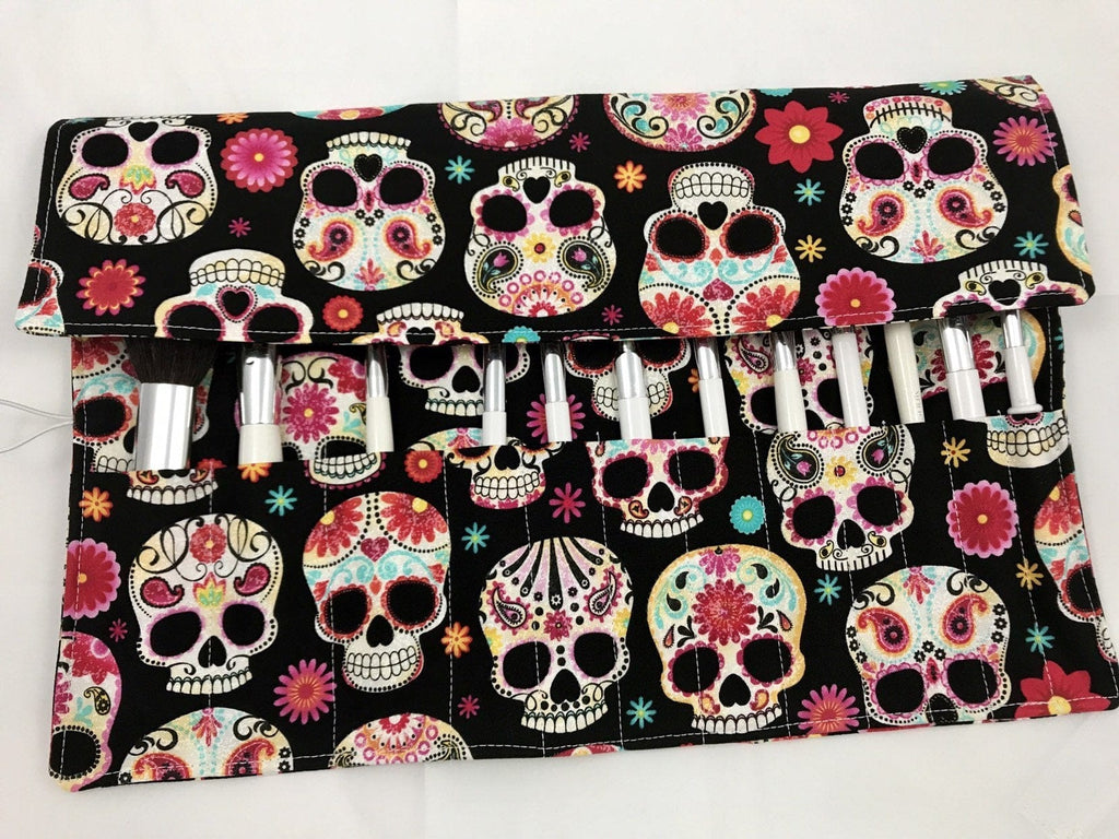 Sugar Skull Makeup Brush Roll, Black Cosmetic Brush Holder, Travel Paint Brush Case - EcoHip Custom Designs