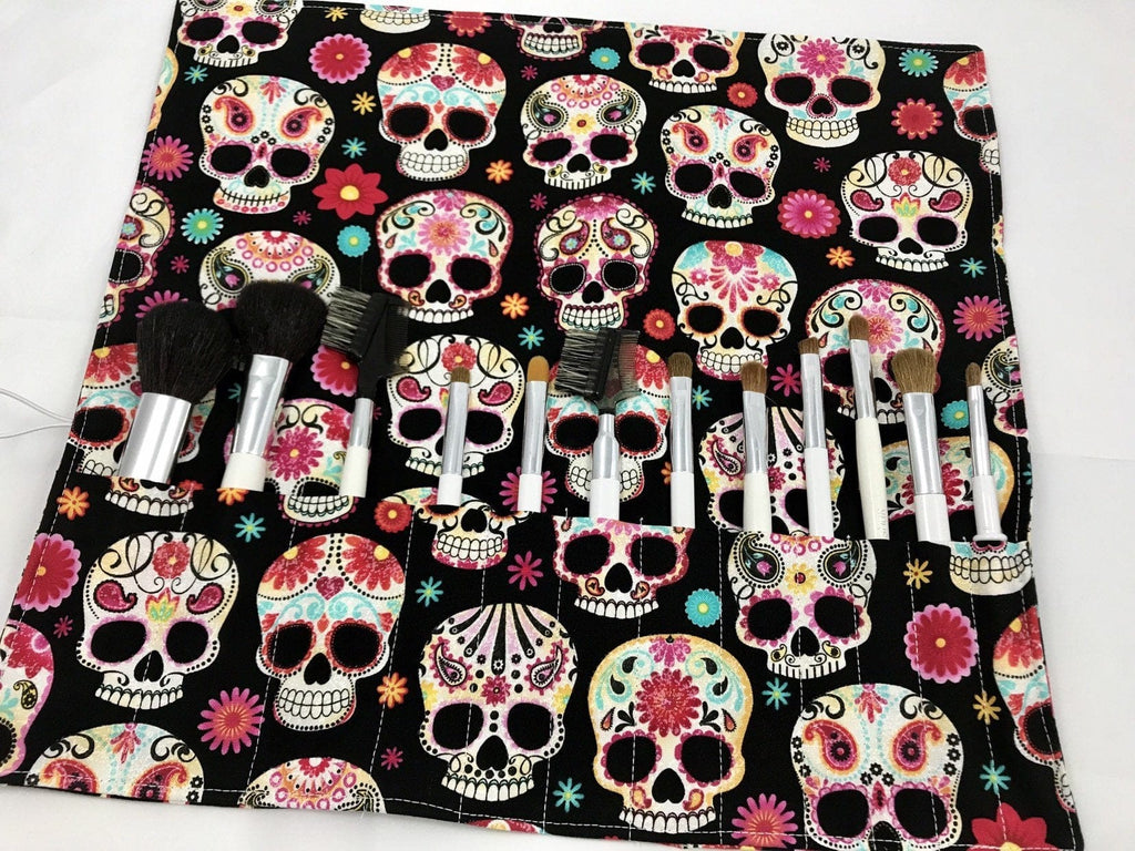 Sugar Skull Makeup Brush Roll, Black Cosmetic Brush Holder, Travel Paint Brush Case - EcoHip Custom Designs