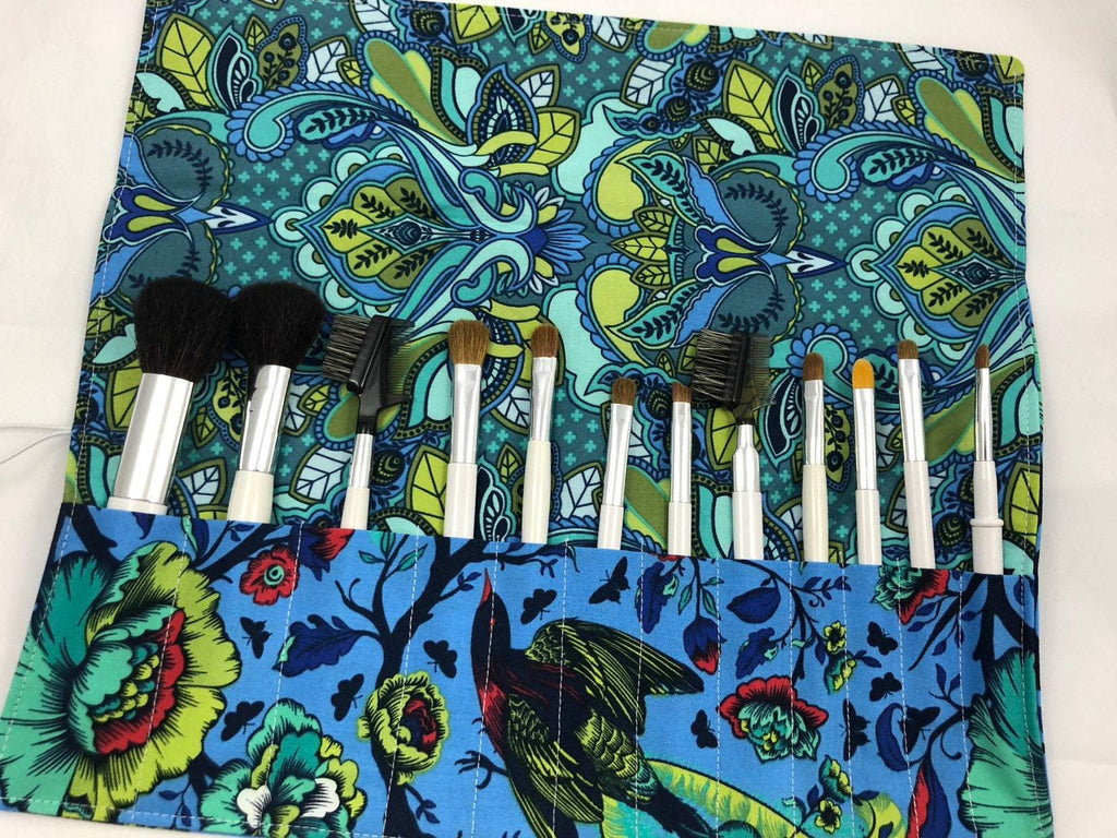 Blue Floral Cosmetic Brush Holder, Travel Makeup Brush Case, Brush Bag - EcoHip Custom Designs