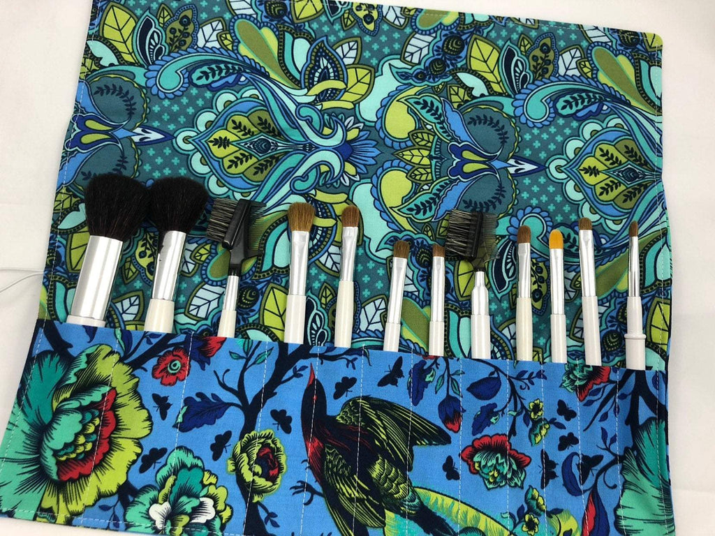 Blue Floral Cosmetic Brush Holder, Travel Makeup Brush Case, Brush Bag - EcoHip Custom Designs