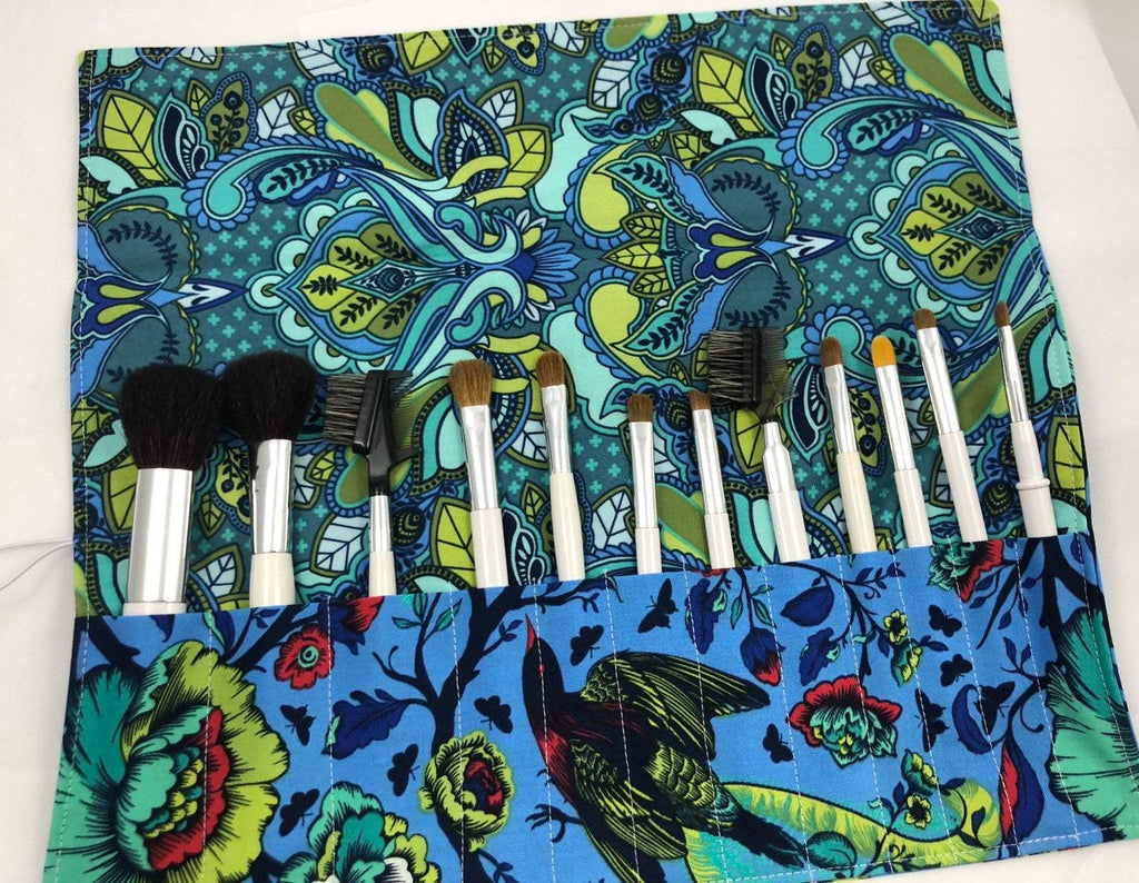 Blue Floral Cosmetic Brush Holder, Travel Makeup Brush Case, Brush Bag - EcoHip Custom Designs